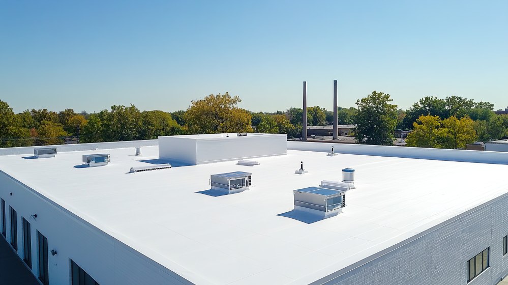 Commercial building with flat roof system installed by L and L Roofing in Davis California